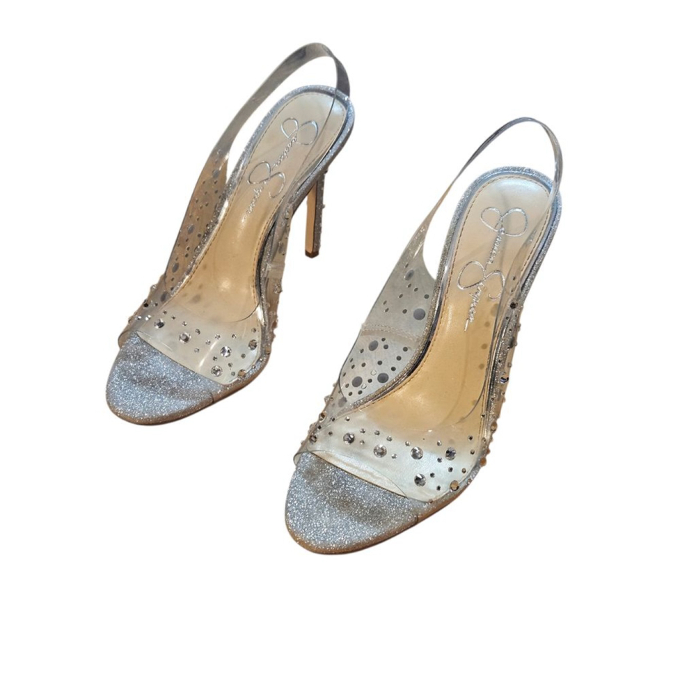 Jessica Simpson Silver Clear Glitter Slingback Heels Size 7